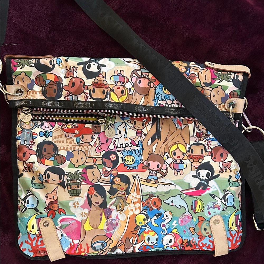 tokidoki LeSport Sac Spiaggia Multicolor Cartoon Beach scene Crossbody Bag Rare